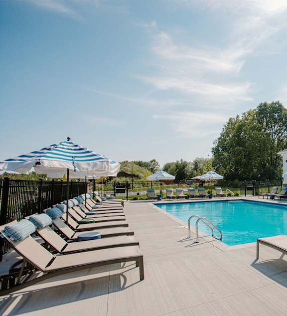 A pool with sun loungers and umbrellas.