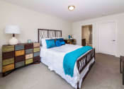 Thumbnail 3 of 24 - Spacious bedroom with built-in storage and aqua accent bedding