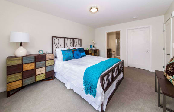 Spacious bedroom with built-in storage and aqua accent bedding