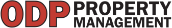 the logo for od property management in red and black on a black background