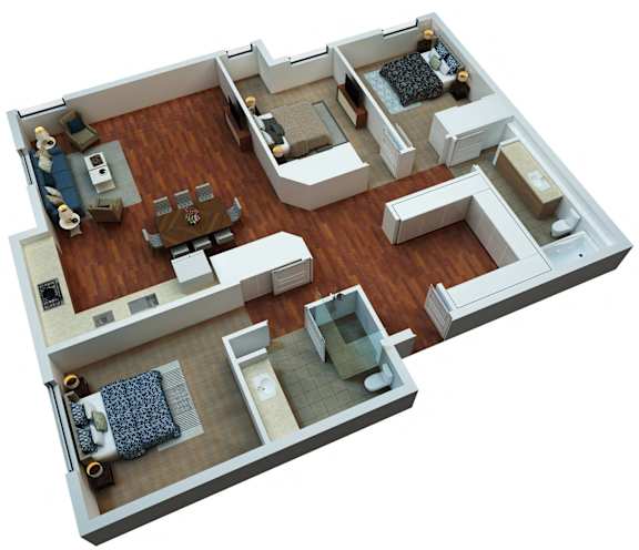 Floor Plan  A 3D model of a house with a kitchen, living room, and bathroom.