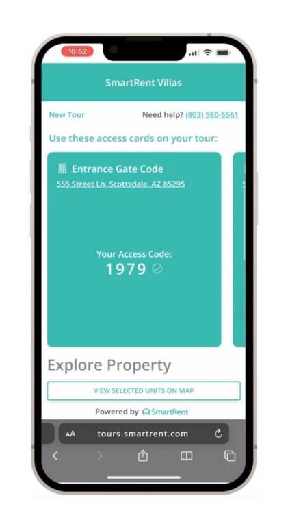 A phone screen displays a self-guided tour option for Wilshire La Brea Apartments.