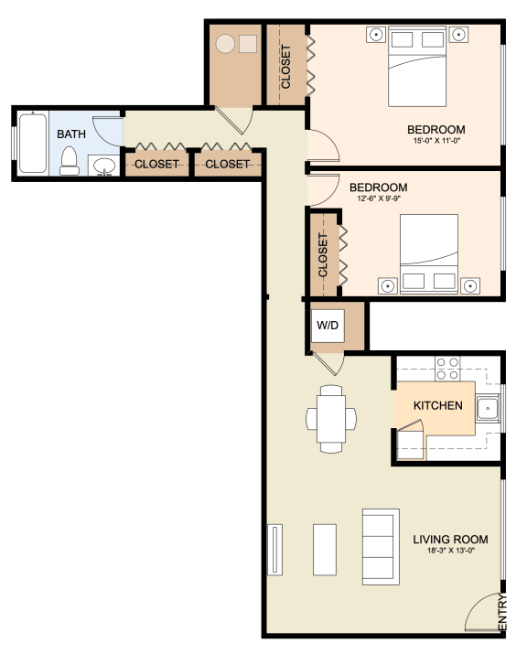 bedroom floor plan | the aspen | apartment homes for rent in pittsburgh, pa