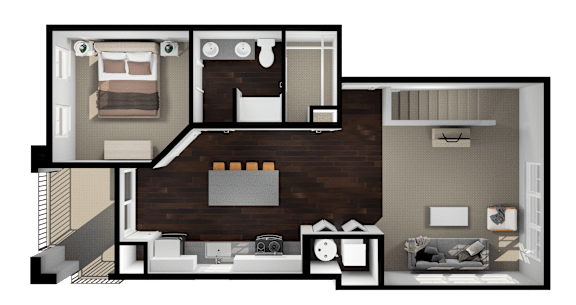 A floor plan of a house with a living room, kitchen, and two bedrooms.