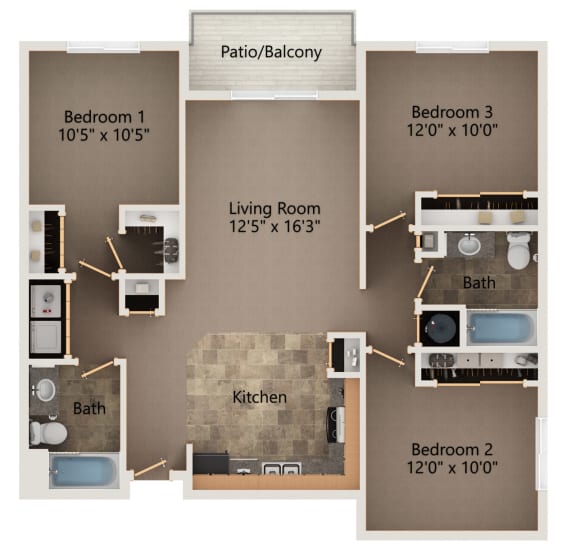 Aspen three bedroom floorplan at Highland View Apartments