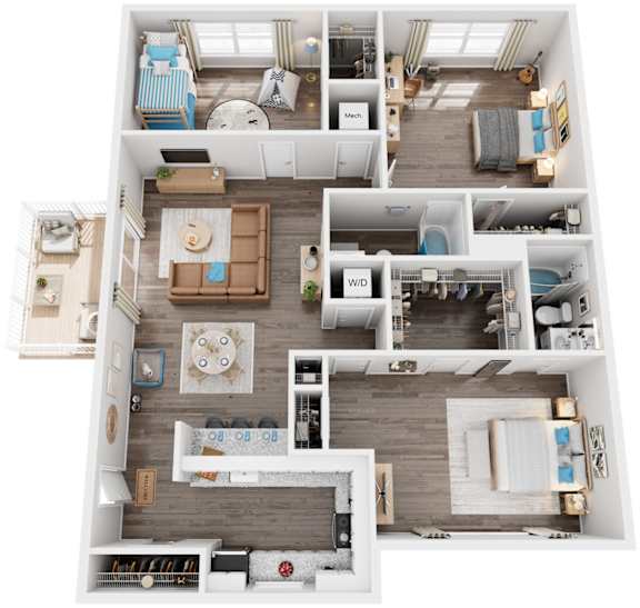3 Bed 2 Bath Floor Plan | 1,065 Sq. Ft. at Trails at Short Pump Apartments in Richmond, Virginia