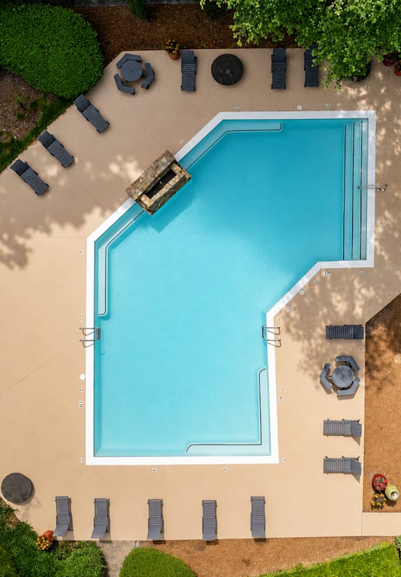 An aerial view of a swimming pool surrounded by trees and a house.