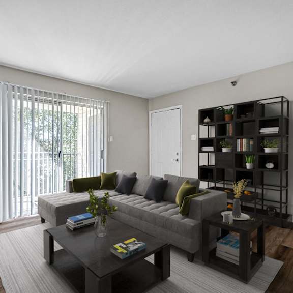A living room with a grey couch, a black bookshelf, and a grey rug.