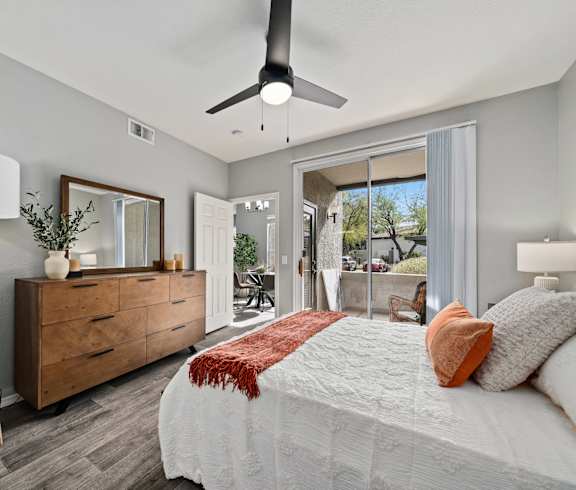 Bedroom with Patio at Bear Canyon Apartments in Tucson Arizona