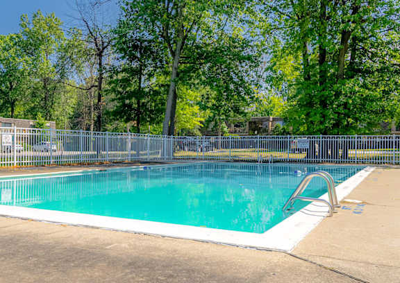 A small pool surrounded by a fence and trees.