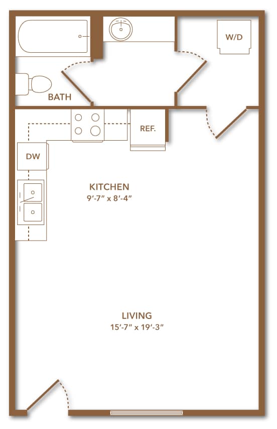 A floor plan of a 415 square feet apartment with a living room, kitchen, bathroom and a bedroom with a window.