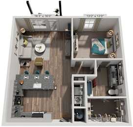1 Bed 1 Bath Floor Plan | 870 Sq. Ft. at Livingston Flats Apartments, Virginia, 23832