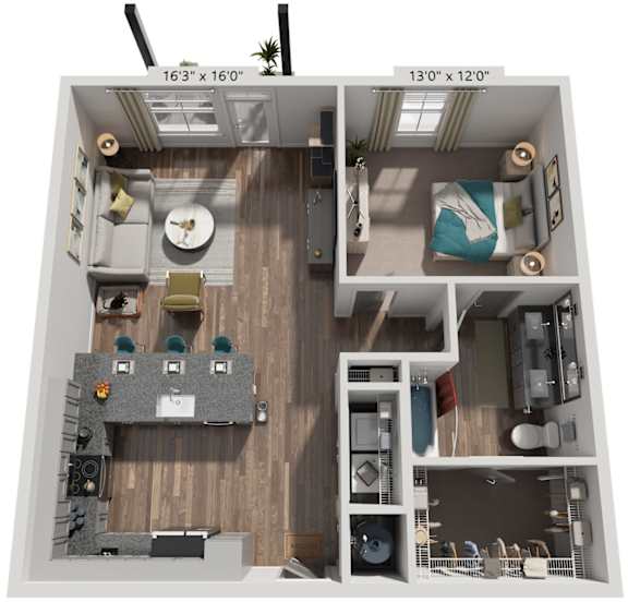 1 Bed 1 Bath Floor Plan | 870 Sq. Ft. at Livingston Flats Apartments, Virginia, 23832