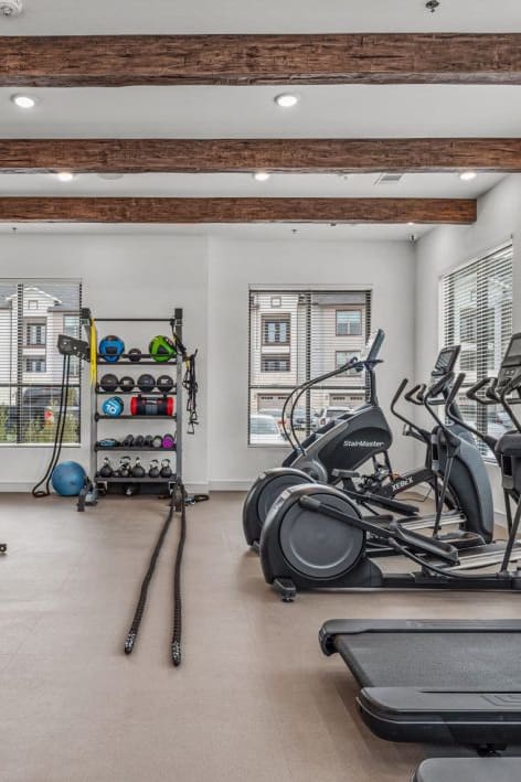 a gym with treadmills and other exercise equipment and windows