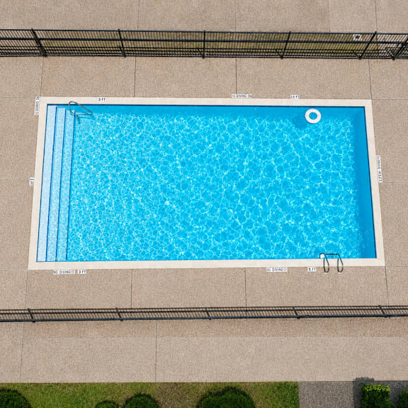 A black fence surrounds a small pool in a sunny backyard.