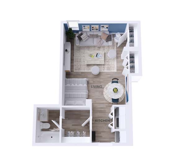 A floor plan of a small apartment with a living room, kitchen, and bathroom.
