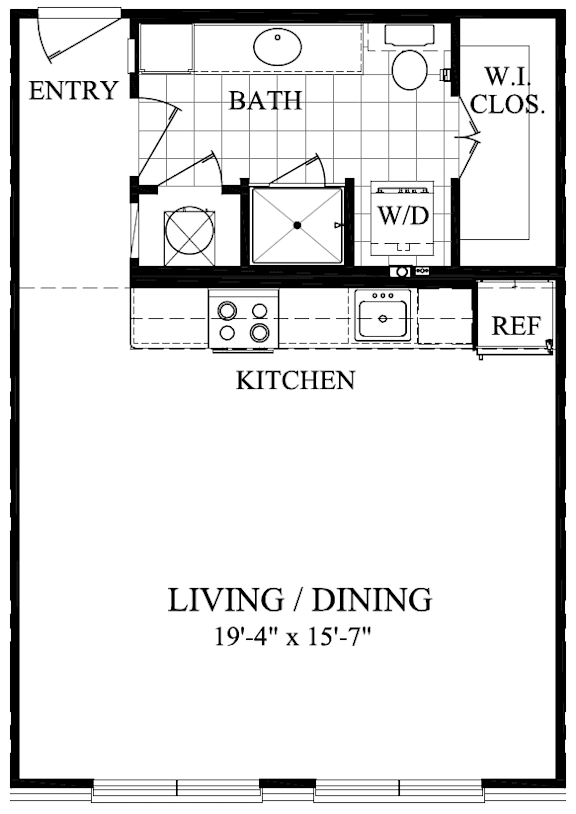A drawing of a floor plan for a living/dining area.