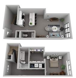 Two 3D floor plans of a house with a kitchen, living room, and bathroom.