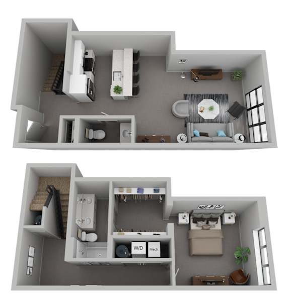 Floor Plan  Two 3D floor plans of a house with a kitchen, living room, and bathroom.