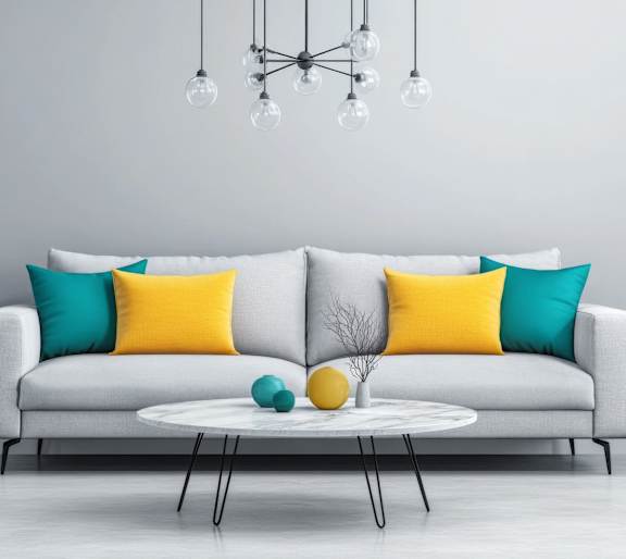 A white couch with three pillows in yellow, blue, and teal colors sits in a room with a round coffee table in front of it.