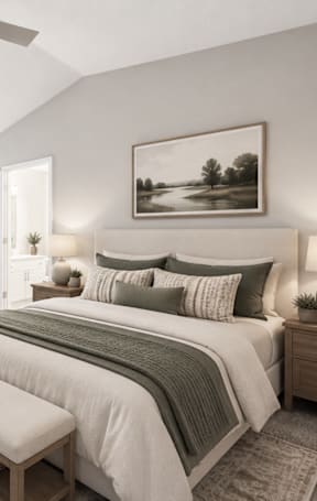 A bedroom with a large bed and a painting on the wall.
