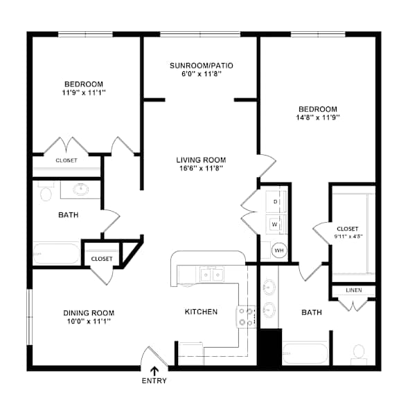 A black and white image of a floor plan for a home with two bedrooms, a living room, a dining room, a kitchen, a bathroom, and a sunroom/patio.