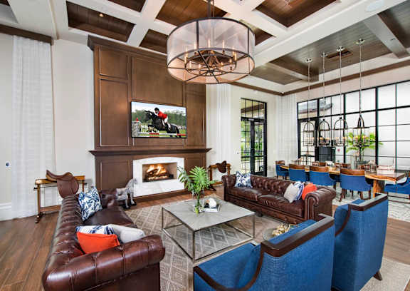 A modern living room with a fireplace and a television.