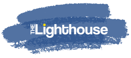 the lighthouse logo on a blue paint stroke with a white