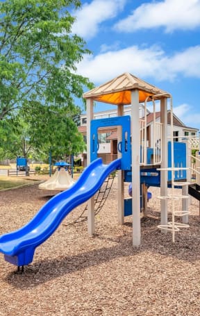 a playground with a blue slide and monkey bars