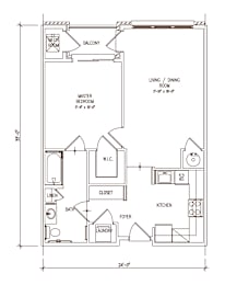 A floor plan of a house with a master bedroom, a living room, a kitchen, a laundry room, a bathroom, a foyer, and a balcony.
