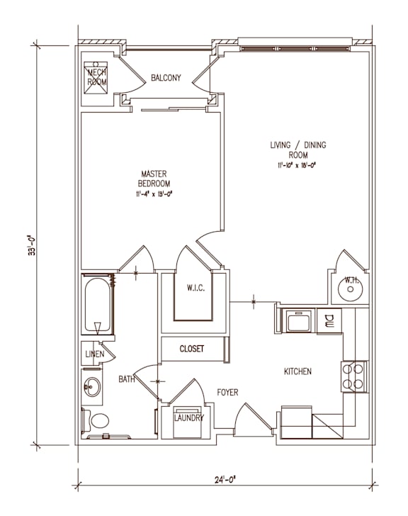 A floor plan of a house with a master bedroom, a living room, a kitchen, a laundry room, a bathroom, a foyer, and a balcony.