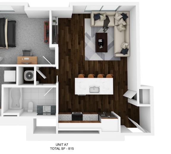 a stylized floor plan with a bedroom and a living room