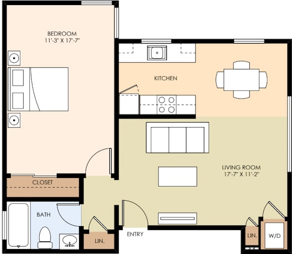 A floor plan of a property with a living room, kitchen, and two bathrooms.