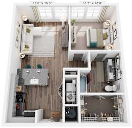 1 Bed 1 Bath Floor Plan | 702 Sq. Ft. at Livingston Flats Apartments, VA, 23832