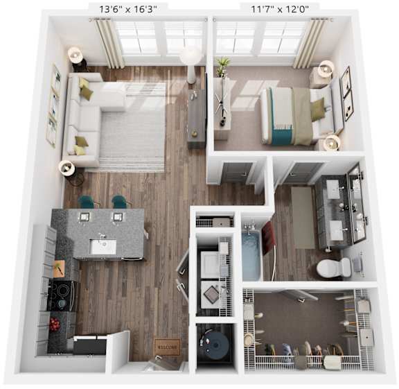 1 Bed 1 Bath Floor Plan | 702 Sq. Ft. at Livingston Flats Apartments, VA, 23832