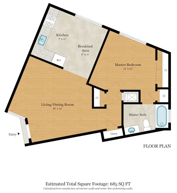A floor plan of a house with a total estimated square footage of 905.