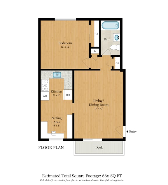 A floor plan of a house with a total estimated square footage of 905.