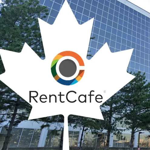 the logo of rent café in front of a building