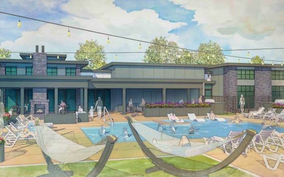 a painting of a swimming pool with chairs and umbrellas