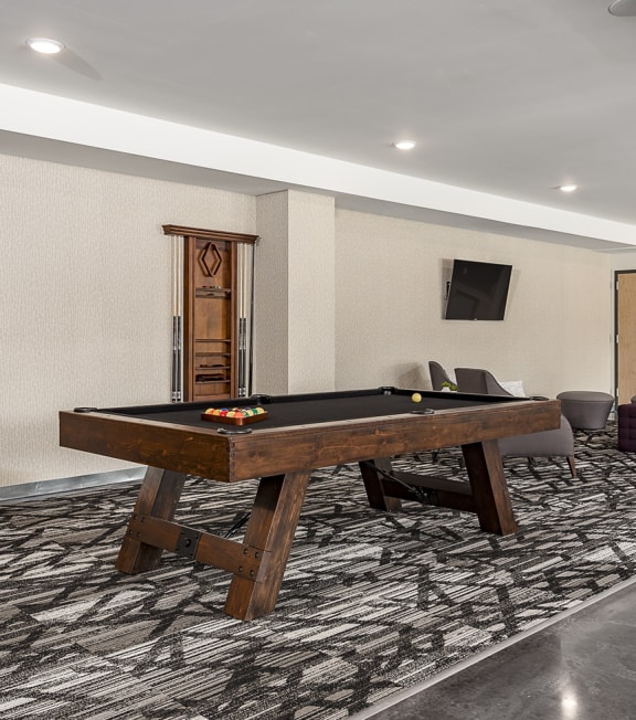 a game room with a pool table and a tv