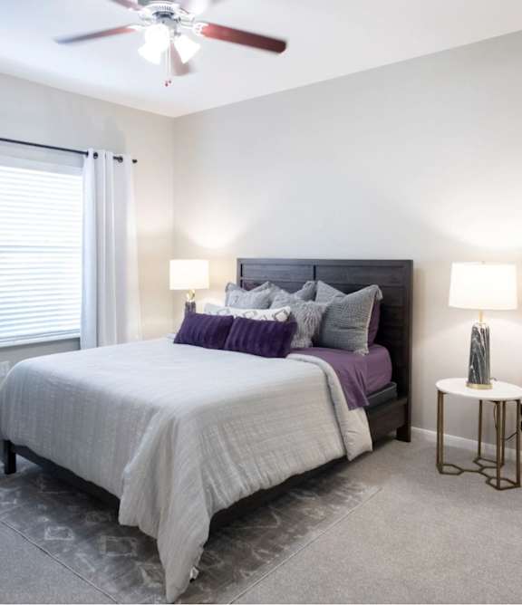 A bedroom with a bed, a ceiling fan, and two lamps.
