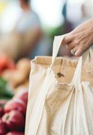 A person is holding a tote bag filled with vegetables.