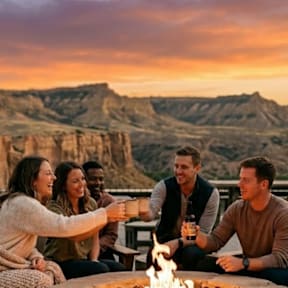 Friends Sharing Drinks by a Firepit at Aurora Apartments, Montana, 59102