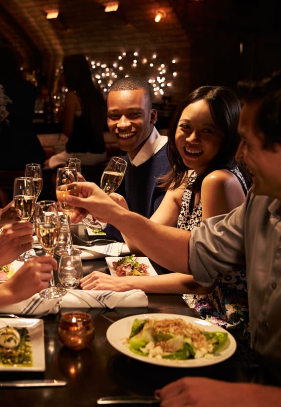 Group of Friends Toasting Wine Glasses at Restaurant 