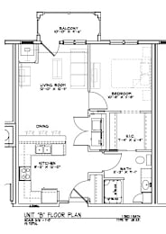 A floor plan of a house with a living room, two bedrooms, a bathroom, and a kitchen.