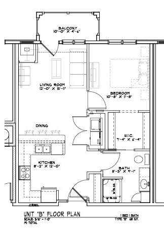 A floor plan of a house with a living room, two bedrooms, a bathroom, and a kitchen.