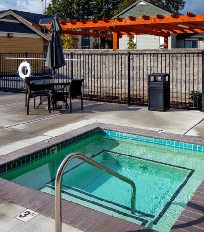 Outdoor spa and furniture at The Landing Apartments, Oregon City, 97045
