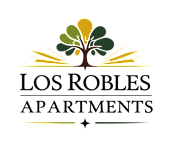 A logo for Los Robles Apartments featuring a tree with green and yellow leaves.
