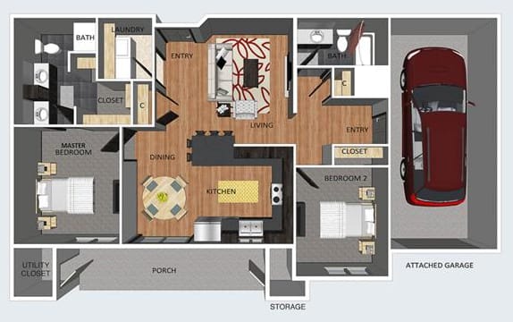 Leads I two bedroom two bathroom floor plan at The Flats at 84