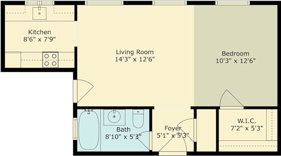 A floor plan of an apartment at 1401 Floribunda Avenue, Burlingame, California showing a kitchen, living room, bedroom, bathroom, and foyer.